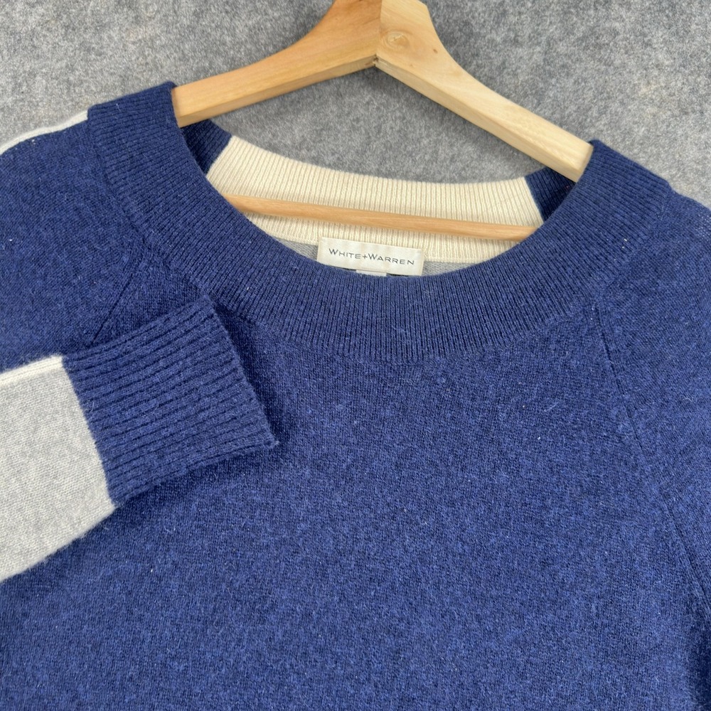 White + Warren Sweater Womens XS Blue Cashmere Crewneck‎ Raglan Colorblock Knit